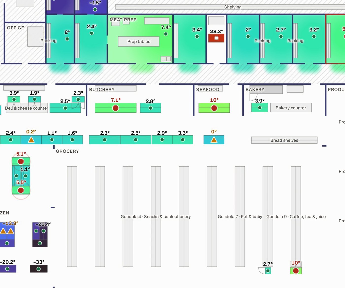 An M4 store floor plan with live heat map readings